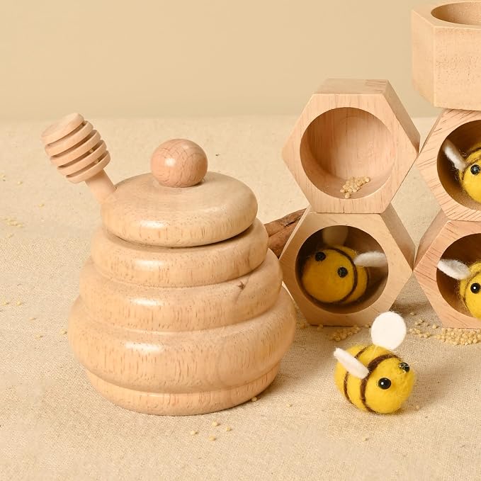 2pcs Wooden Beehive Toys with lid and Honey Stick | Sorting Stacking Toys for Toddlers Montessori Wooden Toy for Toddlers, Sensory Bin Toys for 3 4 5 Years Old
