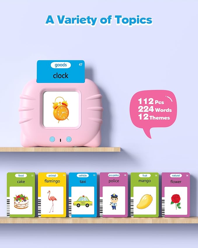Airbition Talking Flash Cards for Toddlers Ages 1‑4,224 Words English Pink | Montessori Language Learning Toys with 224 Words, Pocket Speech Therapy Toys, Children's Sensory Educational Toys