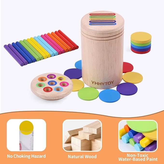 Montessori Toys for 1 2 3 Year Old, Wooden Color Sorting Preschool Baby Toy | Fine Motor Skills Toys for 1-2 Year Old, Sensory Travel Toys for Toddlers 1-3, Birthday Christmas Gift for Girls Boys Kids