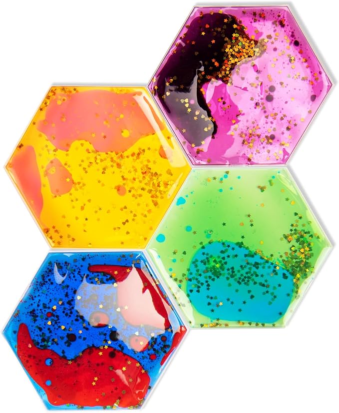 LONGKING 4-Pack Hexagon Liquid Tiles for Kids, Soft Gel Liquid Sensory Toys for Autistic Children, Sensory Mats, Sensory Toys for Toddlers 3-4 | Sensory floor tiles, soft liquid gel, color movement play mat, playroom classroom daycare, 4-pack