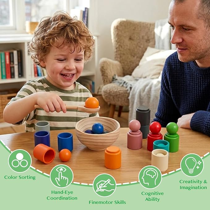 Rainbow Balls in Cups Toddler Montessori Toys for 3 Year Old Up | Kids Preschool Wooden Matching Games for Learning Color Sorting and Counting