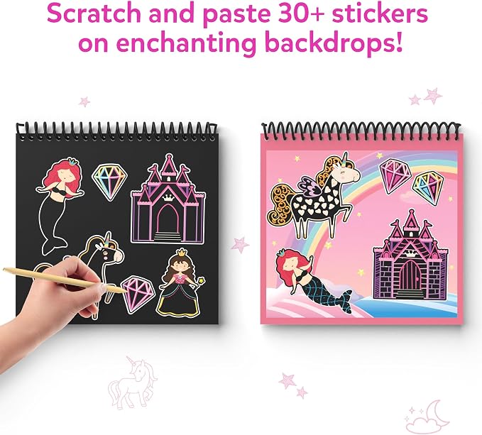 Skillmatics Magical Scratch Art Book – Unicorns & Princesses, Travel Toy | Craft Kit, Drawing & Coloring Supplies, 30+ Scratch Stickers, Screen-Free, Gift for Toddlers, Girls & Boys Ages 3, 4, 5, 6