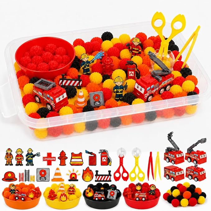 Cinrobiye 138Pcs Firefighter Sensory Bin Fillers Set, Fire Truck Rescue Theme Kit with Fire Station, Rescue Vehicle, Traffic Barrier, Storage Box for Scene Setup, Classroom Activities Creative Project