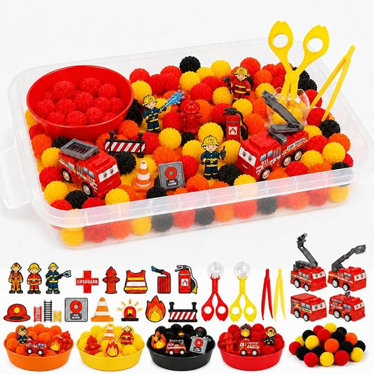 Cinrobiye 138Pcs Firefighter Sensory Bin Fillers Set, Fire Truck Rescue Theme Kit with Fire Station, Rescue Vehicle, Traffic Barrier, Storage Box for Scene Setup, Classroom Activities Creative Project