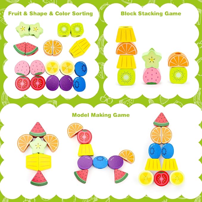 Appoft Montessori Wooden Beads Mastery Kit: Fine Motor Skills Builder for Toddlers 2-5 Stacking Blocks Lacing Beads Travel Learning Toys STEM Gifts for 2 3 4 5 Year Old Boys Girls Toys for Ages 2-4