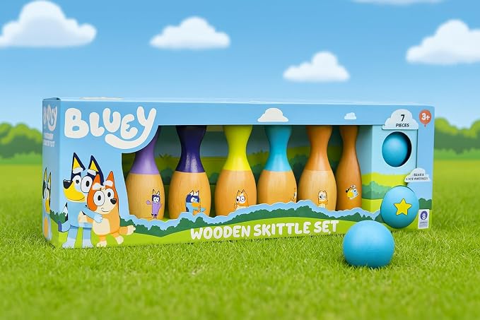 Bluey Wooden Bowling Set, 6 Character Pins, Indoor & Outdoor | Durable wood skittle game builds coordination & teamwork; Bluey toy for kids ages 3+, indoor-outdoor fun