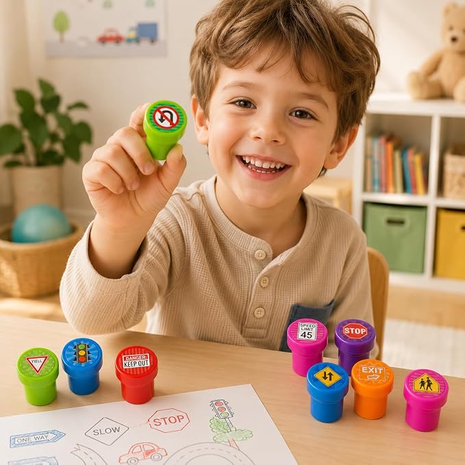 Cinrobiye 24 Pcs Traffic Sign Stampers Party Favor Set, Cute Road Safety Stamps for Kids Birthday Party, Classroom Rewards, Learning Activities, Goody Bag Fillers, Educational Party Supplies