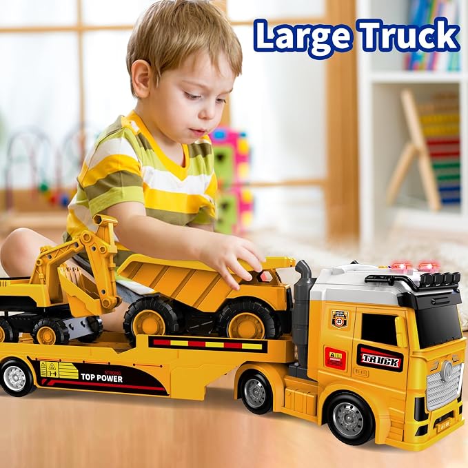 Toddler Boy Toys for Ages 3 4 5 6 7 8 Years Old, 25" Large Construction Carrier Truck Toy Excavator and Dump Truck, Friction Powered Vehicle with Lights & Sounds, Birthday Gift for Boys Girls