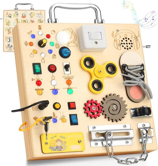 Montessori Busy Board for Toddlers, Sensory Activity & LED Lights Switches | Wooden Busy Board with Music Boxes & Locks & 17 LED Lights, Travel Educational Toy, Birthday Gift for Boys & Girls