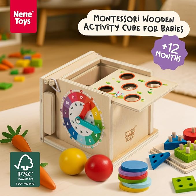 Nene Toys 7-in-1 Montessori Toy for 1 Year Old Baby – Wooden Activity Cube with Carrot Harvest, Shape Sorter & Stacking, Coin Box, Ball Drop, Gears & Clock – Gift for Toddler Boys & Girls 1 2 3 Years