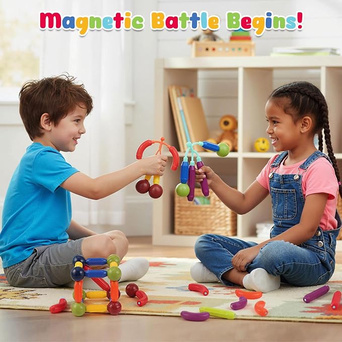 3 otters 36 PCS Magnetic Sticks and Balls, 2 Magnetic Men, Guide | STEM Building Toy for Kids, Educational Construction, Classroom Activities, Travel Toys