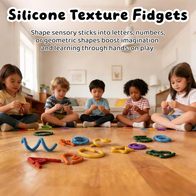 Sensory Fidget Sticks for Kids, Textured Silicone Quiet Toys 16 Pack | Sensory Fidget Sticks for Kids, Flexible Textured Silicone Quiet Desk Toys for Classroom, Travel & Easter Basket Gifts