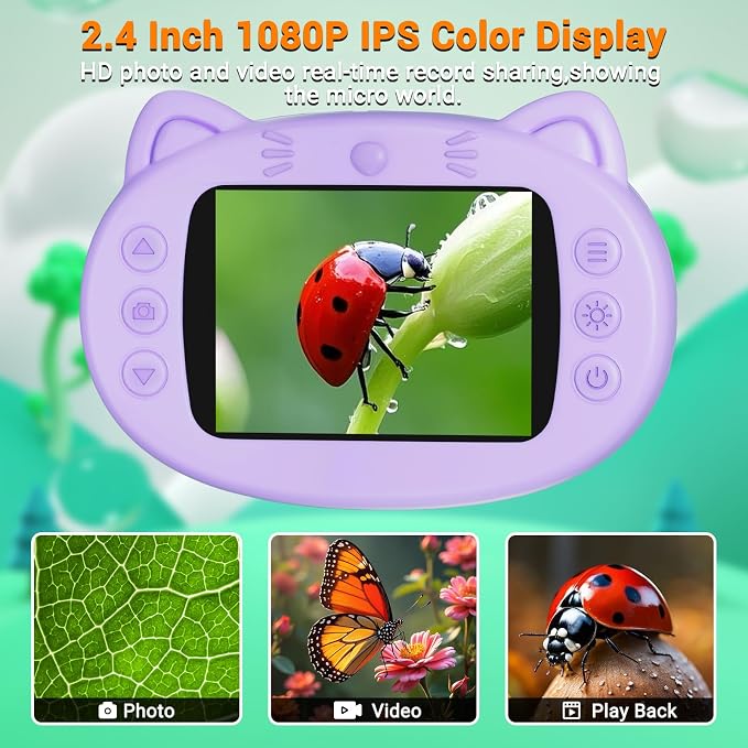 Pocket Kids Microscope, 1000X Handheld Microscope for Kids w/2.4'' Screen, Photo Video Mini Portable Microscopes Science Edu Digiscope, Christmas Birthday Gifts Ideas for Kids Ages 3-12 (Purple)