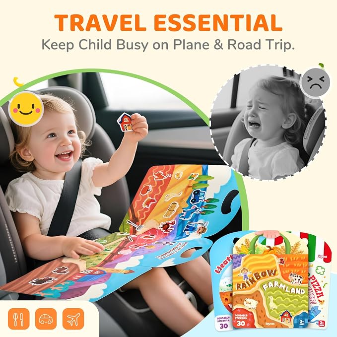 JoyCat Reusable Sticker Book Set, 3-Pack, 90 Stickers, Farm Pizza Weather | Washable stickers make kids sticker activity books and road trip travel toys for toddlers; birthday gifts for boys and girls.
