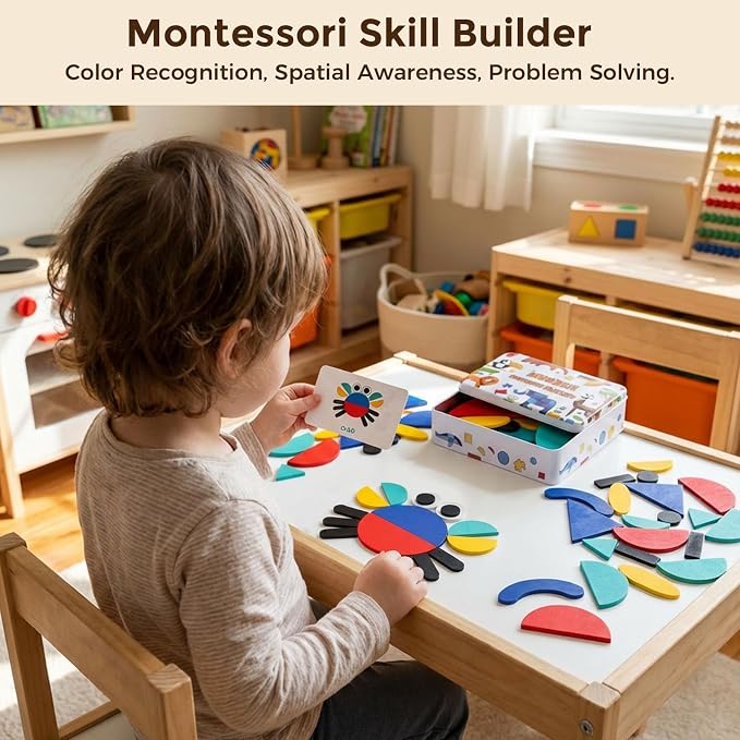 LovesTown Pattern Blocks with Iron Box, Wooden, 96pcs | for Kids 3+, Montessori Learning Toys, Indoor Recess Activities, No-Screen Quiet Play