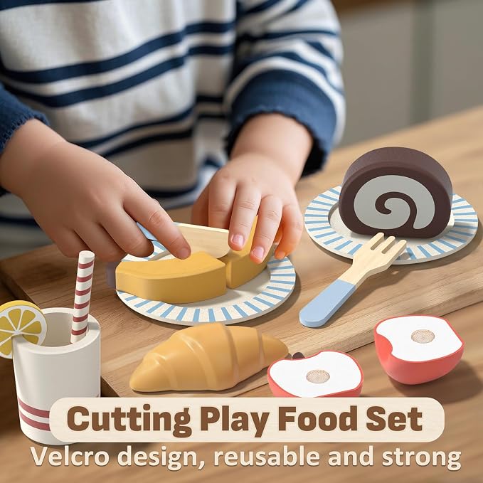 Lehoo Castle Wooden Play Food Set for Toddlers, Play Kitchen Accessories | Pretend Play Cutting Toys, with Storage Bag, Fruits, Hamburger, Plates, Cutlery, Montessori Toys for Girls Boys Kids 3-5