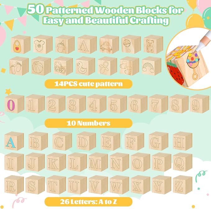 Baby Shower Blocks Game Set with Wooden Box, Acrylic Markers & Wooden Sign for Baby Shower Games, Gender Reveal & Decorations (BrownBear)