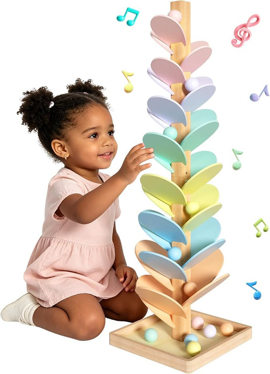 Gotoofun Wooden Marble Run Music Tree, Montessori Rainbow Singing Tree with 12 Extra-Large 3cm Balls, Color Sorting STEM Learning Toy, Wooden Ball Run Game Gift for Kids Ages 3+