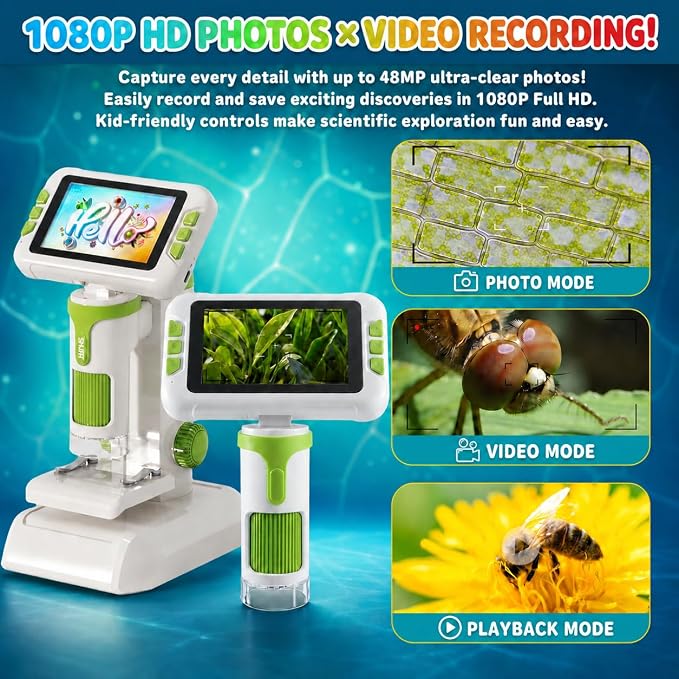 1600X Microscope for Kids, 4K 4.0" Digital Screen Kids Microscopes with Slides Kit, Handheld Microscope, Science Kits for Kids, STEM Toys for Christmas Birthday Gifts for 3-14 Girls Boys Child (Green)