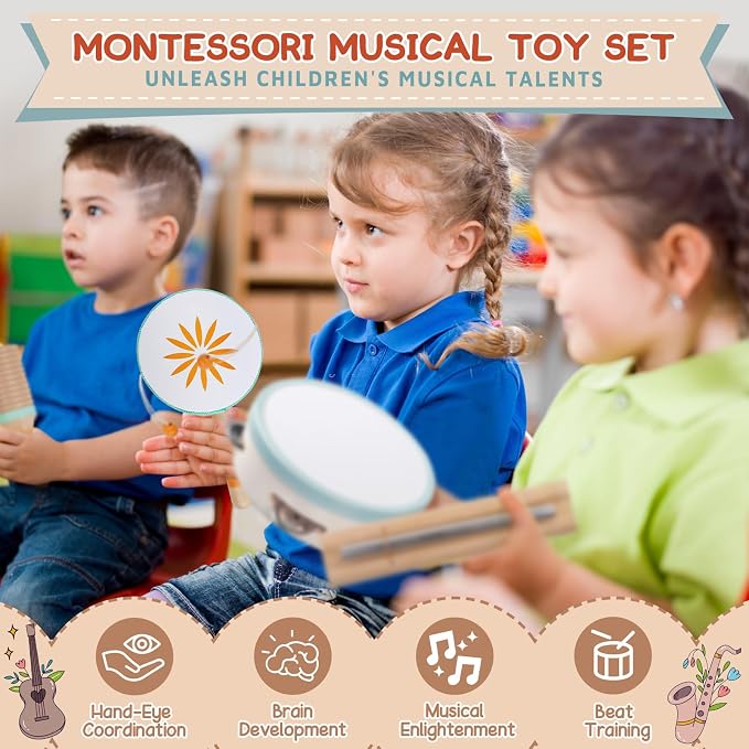 Baby Musical Instruments - Montessori Wooden Musical Toys for Toddlers Kids | Tambourine Percussion Instruments Set, Preschool Music Learning Sensory Toys, Educational Birthday Gifts for Boys Girls