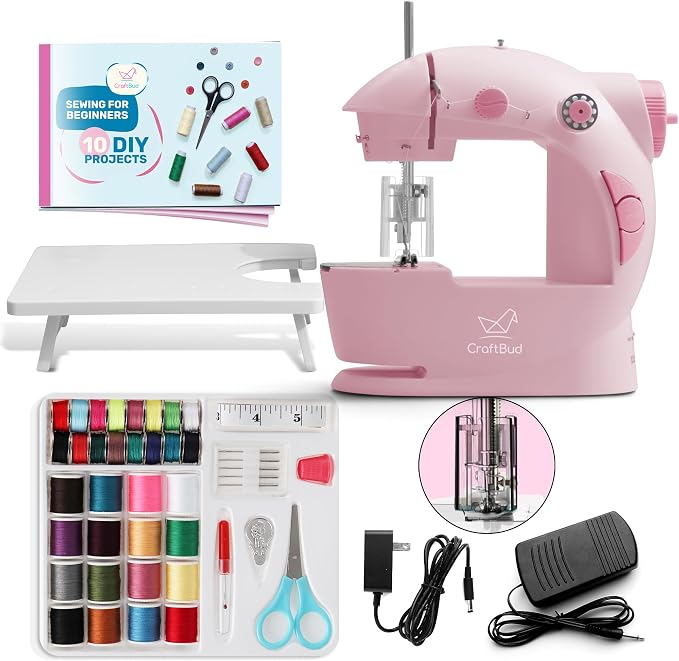 CraftBud Mini Sewing Machine for Beginners, Adults and Kids Sewing Machine | 48-Piece Sewing Kit Accessories, Portable, Dual Speed, Extension Table, Foot Pedal, Built-in Light, Guide Book & More, Pink