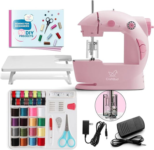 CraftBud Mini Sewing Machine for Beginners, Adults and Kids Sewing Machine | 48-Piece Sewing Kit Accessories, Portable, Dual Speed, Extension Table, Foot Pedal, Built-in Light, Guide Book & More, Pink