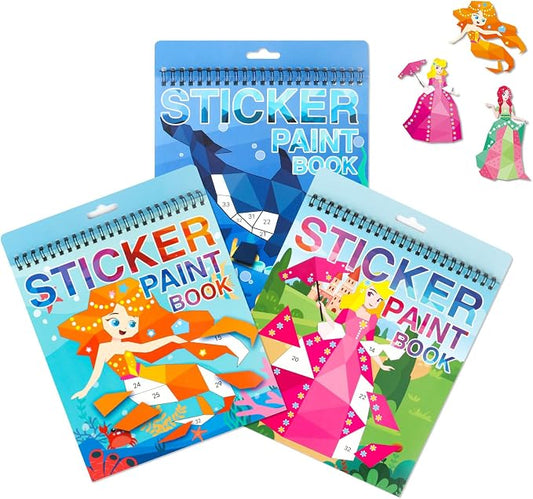 3PCS Sticker Paint Number Books for Girls Ages 4-8 Mermaid Princess Ocean Stickers Kids Birthday Party Favors Toys Gift for 5 6 7 8 10 12 Year Old Girls Boys Travel Activities Gifts