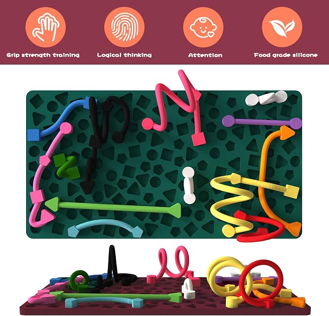 2PCS Sensory Activity Board, Silicone Fidget Toys for Calming and Stress | Autism Quiet for Adults, Toddler Sensory Toys for ADHD, Road Trip Essentials for Kids, Portable Travel Bag & 24 Strings