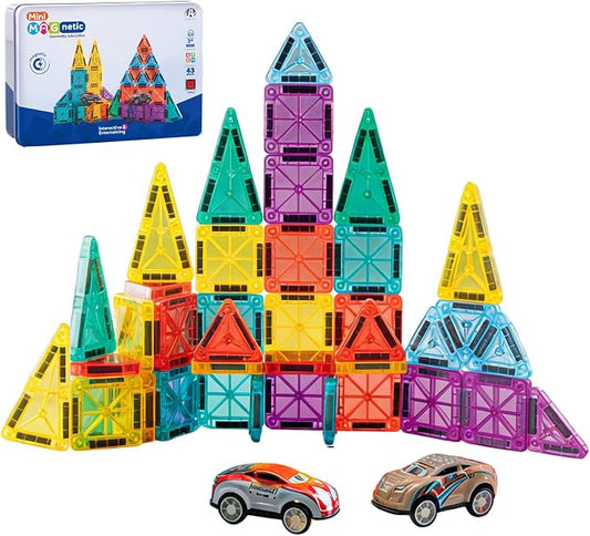 Magnetic Tiles for Kids Mini Magnetic Building Tiles with 2 Cars, Travel Magnetic Tiles with Case,STEM Toys for School Acitivities, Magnets Construction Tile Toy Ages 3-8 Boys Girls