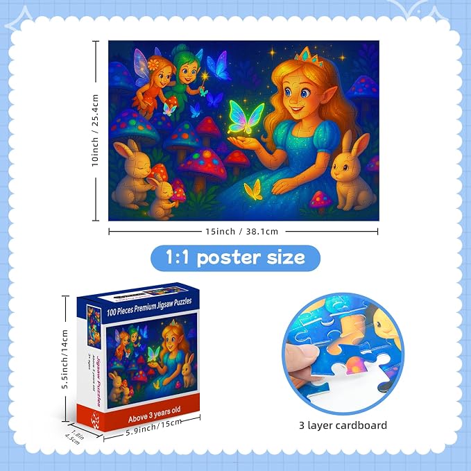100 Piece Puzzles for Kids Girls Boys Ages 4-10, Fairy Princess and Bunny | Learning Educational Jigsaw Puzzles Toys with Full-size Poster, Holiday/ Birthday/Party/School Gifts for Children