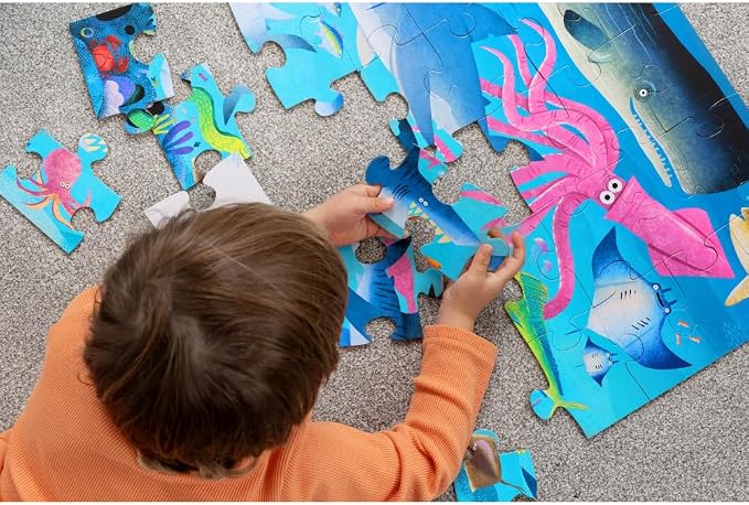 Crocodile Creek 36-Piece Jigsaw Floor Puzzle - Shark Reef - for Kids Ages 3-5 - Heavy-Duty Shaped Box for Storage - 24" W x 18" H Finished