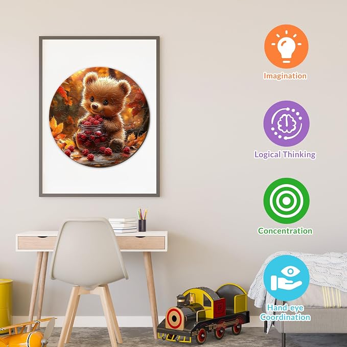 Animal Wooden Puzzles for Kids - Berry Bear | 50 Piece Puzzles for Kids Ages 4-6 - Kids Puzzle with Unique Animal Shapes - Round Puzzles for Boys and Girls (11.4 * 11.4in)