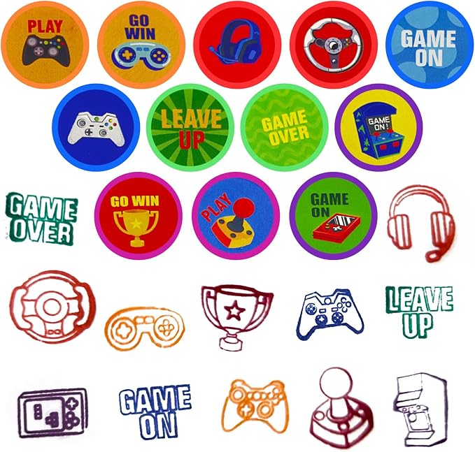 Cinrobiye 24 Pcs Video Game Stampers Party Favor Set, Cute Gaming Stamps for Kids Birthday Party, Classroom Rewards, Arcade Game Prizes, Goody Bag Fillers, Gamer Themed Party Supplies