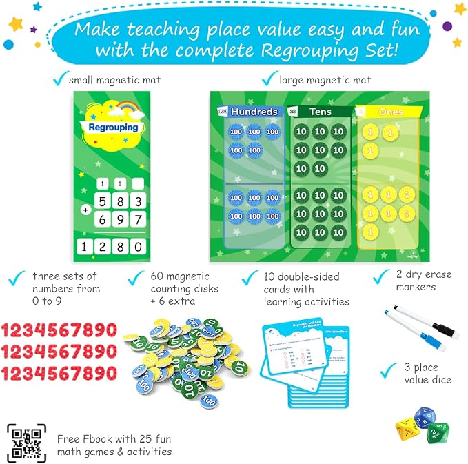 113 PCS Fun Magnetic Regrouping Activities Kit, Place Value - Simply Magic | Place Value Magnets 1st 2nd 3rd 4th Grade, Magnetic Place Value Discs Chips, Magnetic Place Value Chart Mat for Math