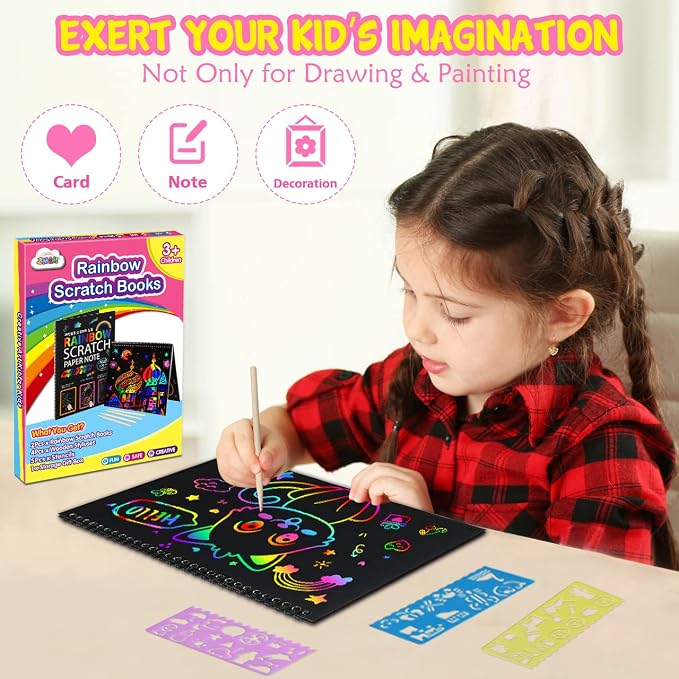 ZMLM Scratch Paper Art-Crafts Gift: 2 Pack Rainbow Notebooks Supplies Toys | Art Crafts for 3 4 5 6 7 8 9 10 11 12 Years Old Girls and Boys Kids Birthday Christmas Party Travel Games Activities