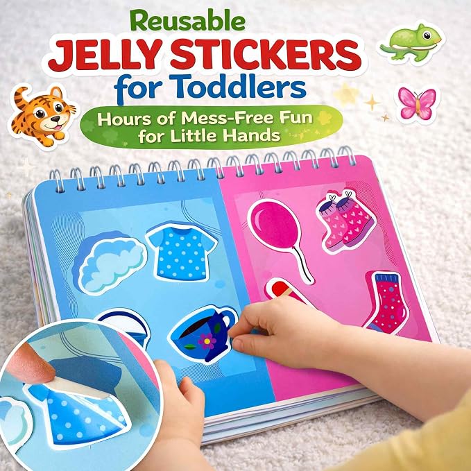 Jelly Sticker Books for Toddlers 3-5 - 61 Reusable Stickers Busy Book | 10 Preschool Topics - Waterproof Washable Toddler Activity Book - Learning Toys for Shapes, Colors, Matching, Animals