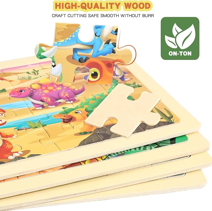 Wooden Puzzles Dinosaur Toys for Kids Ages 3-5, Set of 4 Packs with 24-Piece Wood Jigsaw Puzzles, Preschool Educational Brain Teaser Boards for Boys and Girls 3 4 5 6 Years Old
