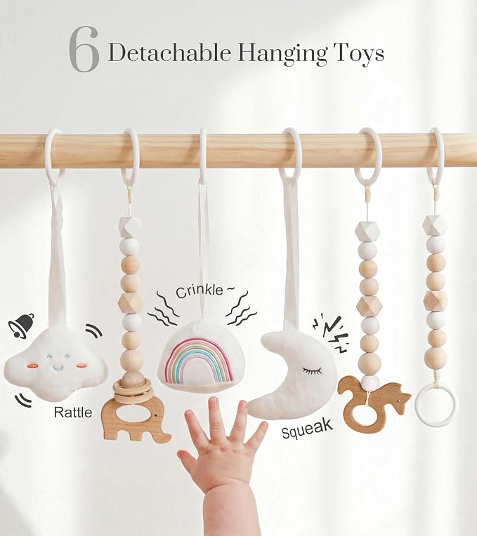 Mallify Wooden Baby Gym with 6 Gym Toys, Foldable Baby Play Gym, Natural Pine Wood Play Gym, Frame Activity Center Hanging Bar, Wooden Play Gym