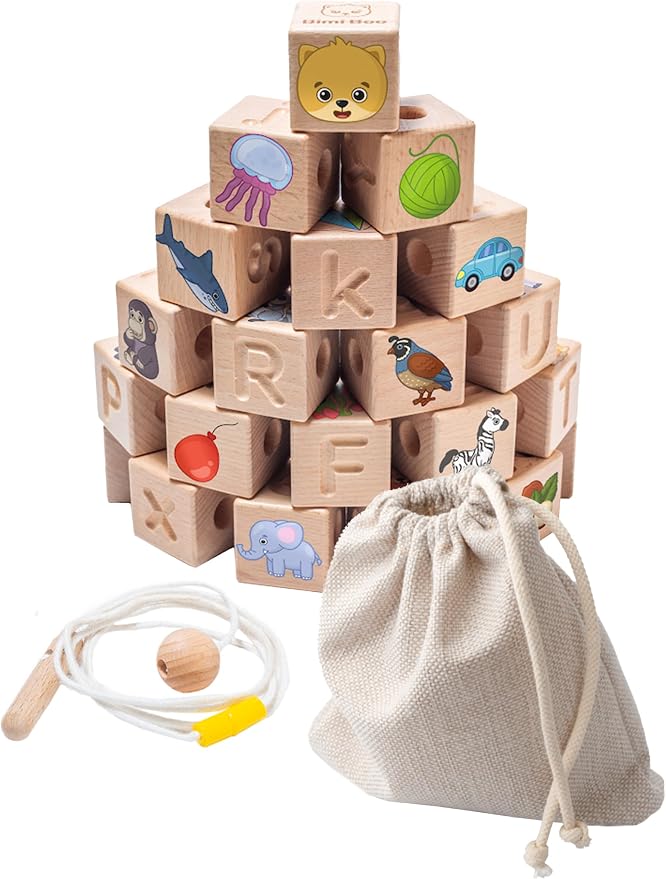 Alphabet Lacing Letters for Toddlers - ABC Lacing Beads, Fine Motor Threading Wooden Toy with Objects & Animals (26 Large Stringing Blocks, 2 Ropes, Cotton Bag)