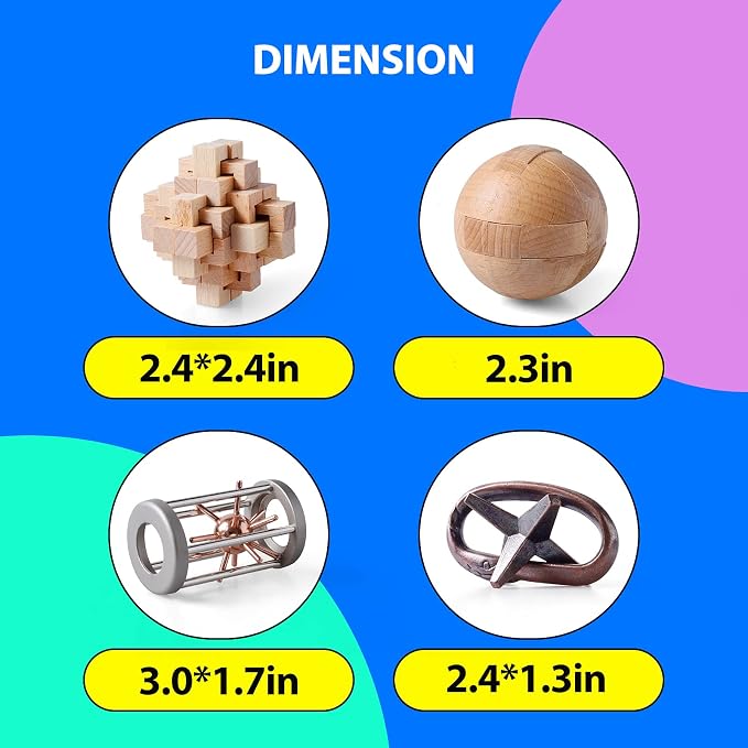 4Pcs Wooden and Metal Puzzles Gift for Kids and Adult Educational Toys Office Toys 3D Unlock Interlock Assorted Brain Teasers Puzzles