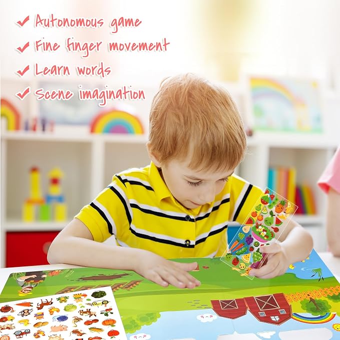 ASTARON Reusable Puffy Sticker Book，88 pcs Farm Stickers Educational Toy | 88 pcs Reusable Sticker,Waterproof Jelly Stickers, Portable Travel Toys,Educational Sensory Learning Toy,Gift for Boy Girl