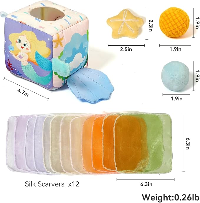 Youuys Baby Tissue Box Toy for Babies 6-12 Months - Montessori Sensory Busy Cube Toys with 3 Textured Balls & 12 Silky Scarves - Ideal Gift for Toddler Girls Ages 6 12 18 Months (Mermaid Theme)