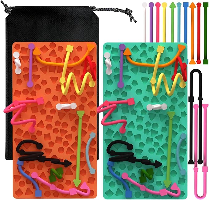 2PCS Sensory Activity Board, Silicone Fidget Toys for Calming and Stress | Autism Quiet for Adults, Toddler Sensory Toys for ADHD, Road Trip Essentials for Kids, Portable Travel Bag & 24 Strings