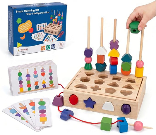 Sorting Stacking Sequencing Lacing Beads Toy with Pattern Cards | 4 in 1 Montessori Wooden Shape Sorter Toy, Fine Motor Skills Learning Toy for Toddlers Preschool Boys Girls