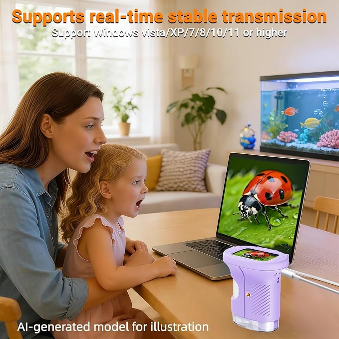 Pocket Kids Microscope, 1000X Handheld Microscope for Kids w/2.4'' Screen, Photo Video Mini Portable Microscopes Science Edu Digiscope, Christmas Birthday Gifts Ideas for Kids Ages 3-12 (Purple)