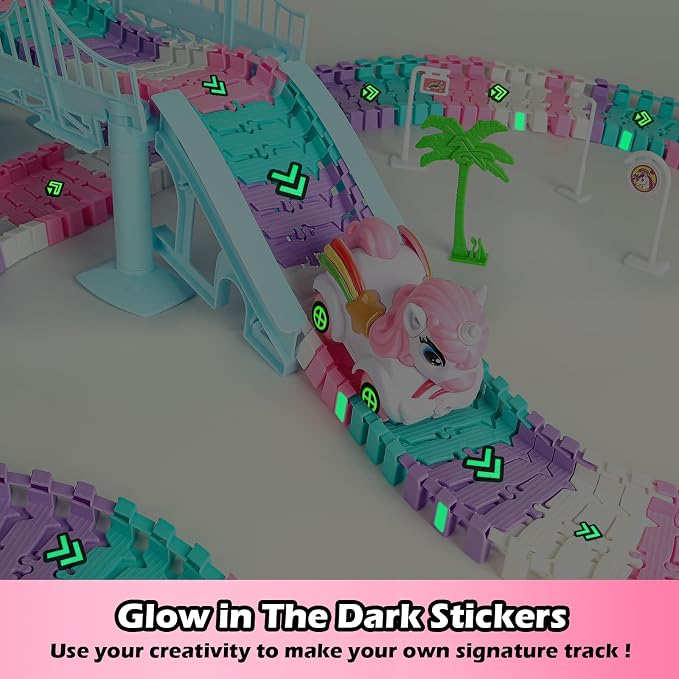 Coroiesty 268 PCS Unicorn Race Tracks for Kids Toys, Flexible DIY Track Set | Glow in The Dark Magic Toy Set, 2 Unicorn Cars Track, Birthday Gift for Age 3-9 Boys Toddler Girls