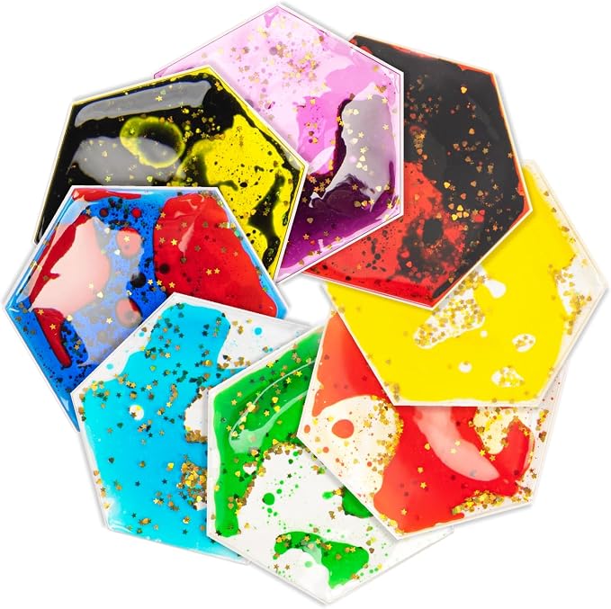 LONGKING 8-Pack Hexagon Liquid Tiles for Kids, Soft Gel Liquid Sensory Toys for Autistic Children, Sensory Mats, Sensory Toys for Toddlers 3-4 | Sensory floor tiles, soft liquid gel, color movement play mat, playroom classroom daycare, 8-pack