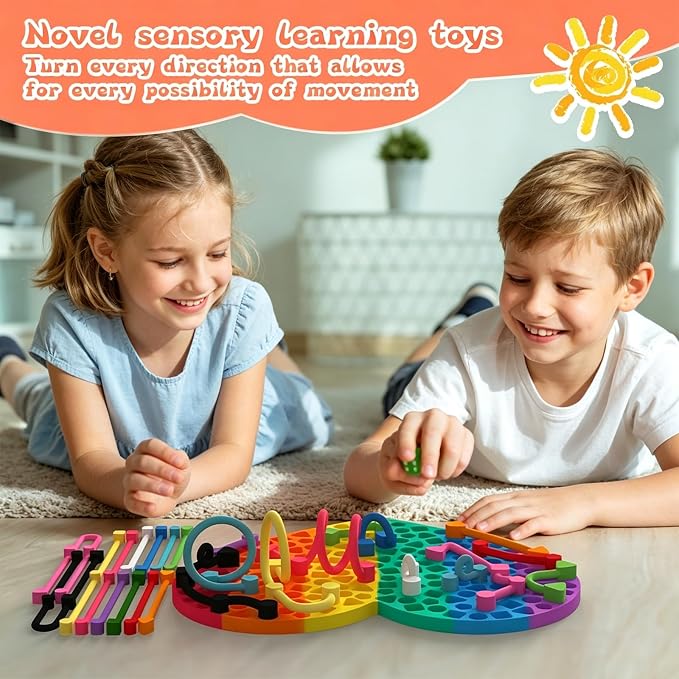 2PCS Sensory Activity Board, Silicone Fidget Toys for Calming and Stress | Autism Quiet for Adults, Toddler Sensory Toys for ADHD, Road Trip Essentials for Kids, Portable Travel Bag & 12 Strings
