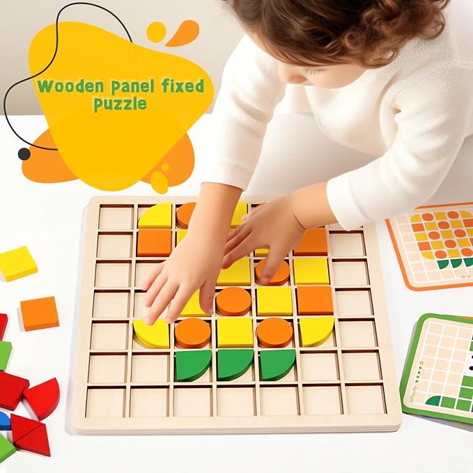 Wooden Pattern Blocks Set 120 Pcs Geometric Shapes Puzzle Classic Montessori Educational Tangram Toys with 24 Design Cards for 4-8 Year Old Kids