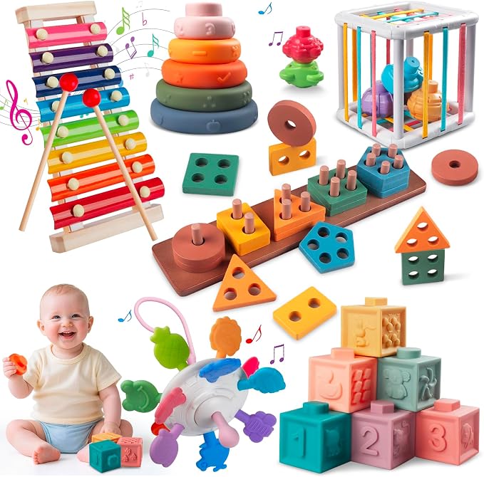 6-in-1 Montessori Baby Toy Set with Wooden Shape Sorter Xylophone Teether | 5 Stacking Rings, 6 Building Blocks, 20 Shape Blocks, Sensory Cube, Stacking, Sorting, Matching, Fine Motor Play, Baby Gift
